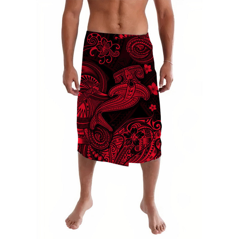 Red and black Polynesian lavalava with bold shark and tribal print, elastic waist
