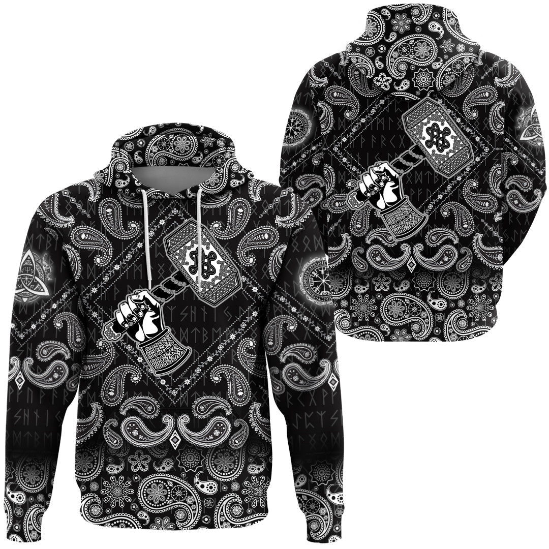 Viking Hoodie Hand Holding The Hammer Of God Thor with Bandana Paisley Style RLT12 - Wonder Print Shop