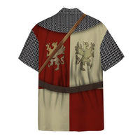 Polish Knight Hawaiian shirt back, red/cream panels, short sleeves, patterned collar, knight graphics