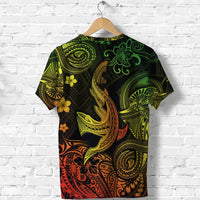 Black t-shirt with Polynesian shark and floral motifs in green, yellow, orange