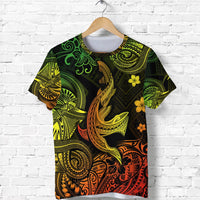 Black t-shirt with angry shark Polynesian tribal pattern in green, yellow, orange