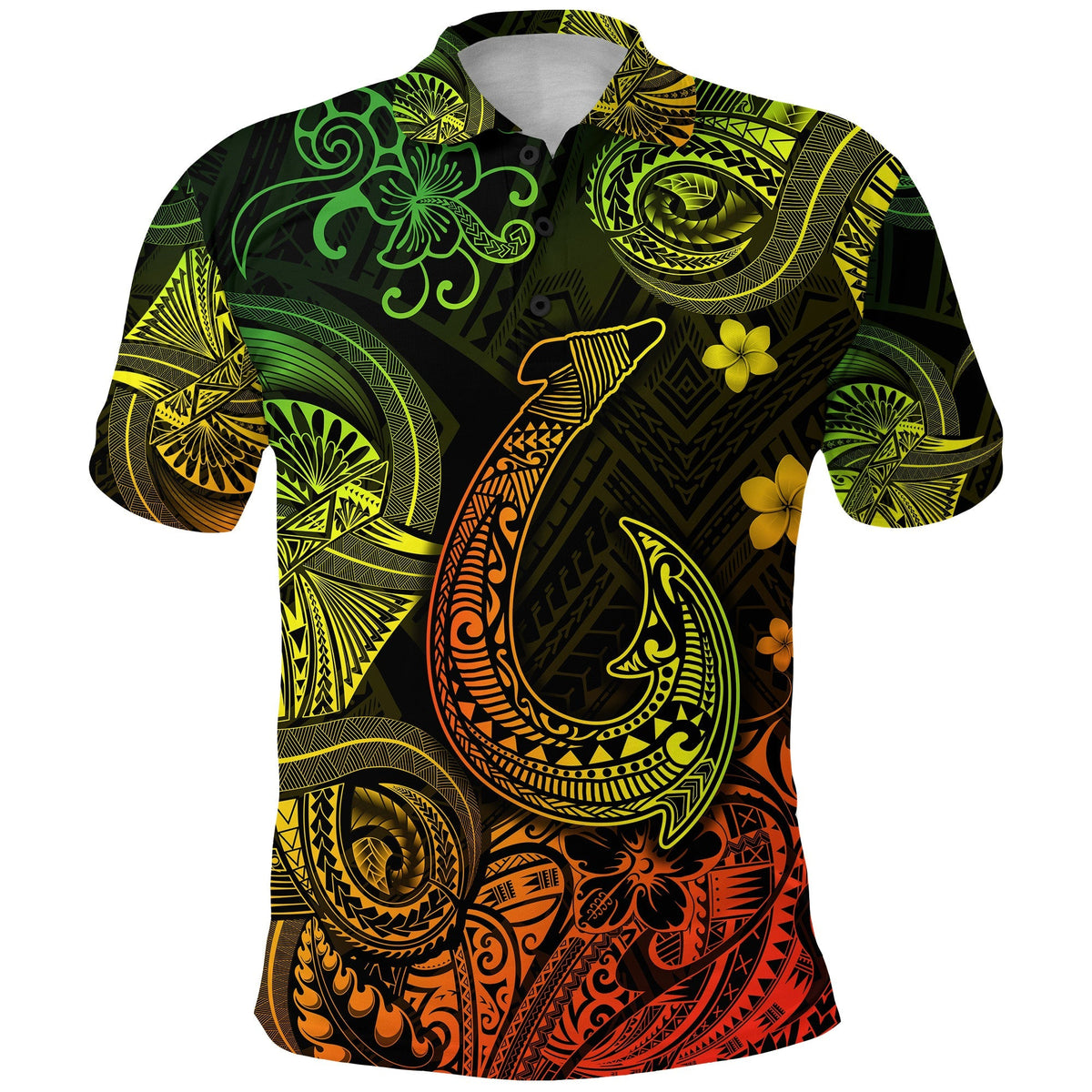 Polynesian polo shirt with fish-hook print, dark base, green/yellow/orange/red graphics