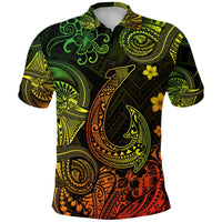 Polynesian polo shirt with fish-hook print, dark base, green/yellow/orange/red graphics