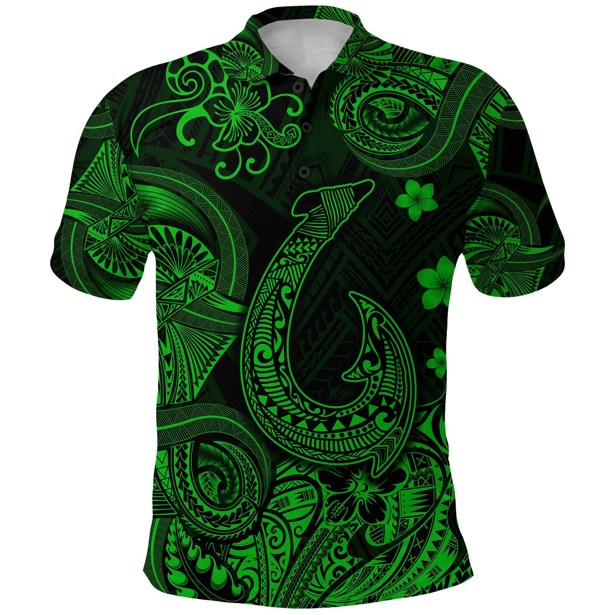 Wonder Print Shop green polo with Polynesian fish hook print, button collar