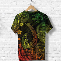 Polynesian fish-hook T-shirt, green yellow orange tribal swirl and clover flowers