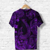 Purple and black Polynesian T-shirt, large fish-hook paisley and flower print