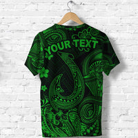 Green Polynesian fish hook T-shirt back: 'YOUR TEXT' with tribal pattern
