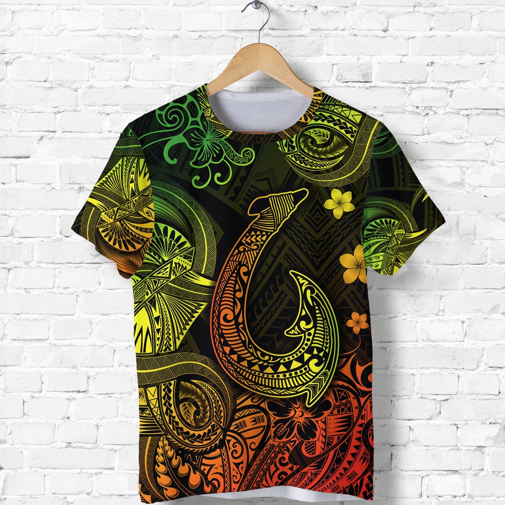 Polynesian fish-hook T-shirt, dark green with yellow orange floral pattern