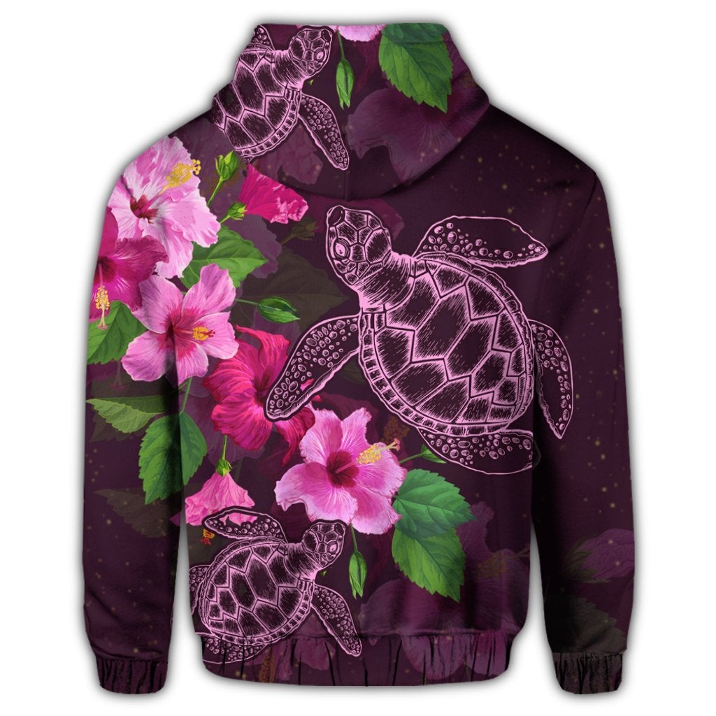 Dark purple zip hoodie with hibiscus blossoms and two turtle illustrations across chest