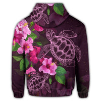 Dark purple zip hoodie with hibiscus blossoms and two turtle illustrations across chest