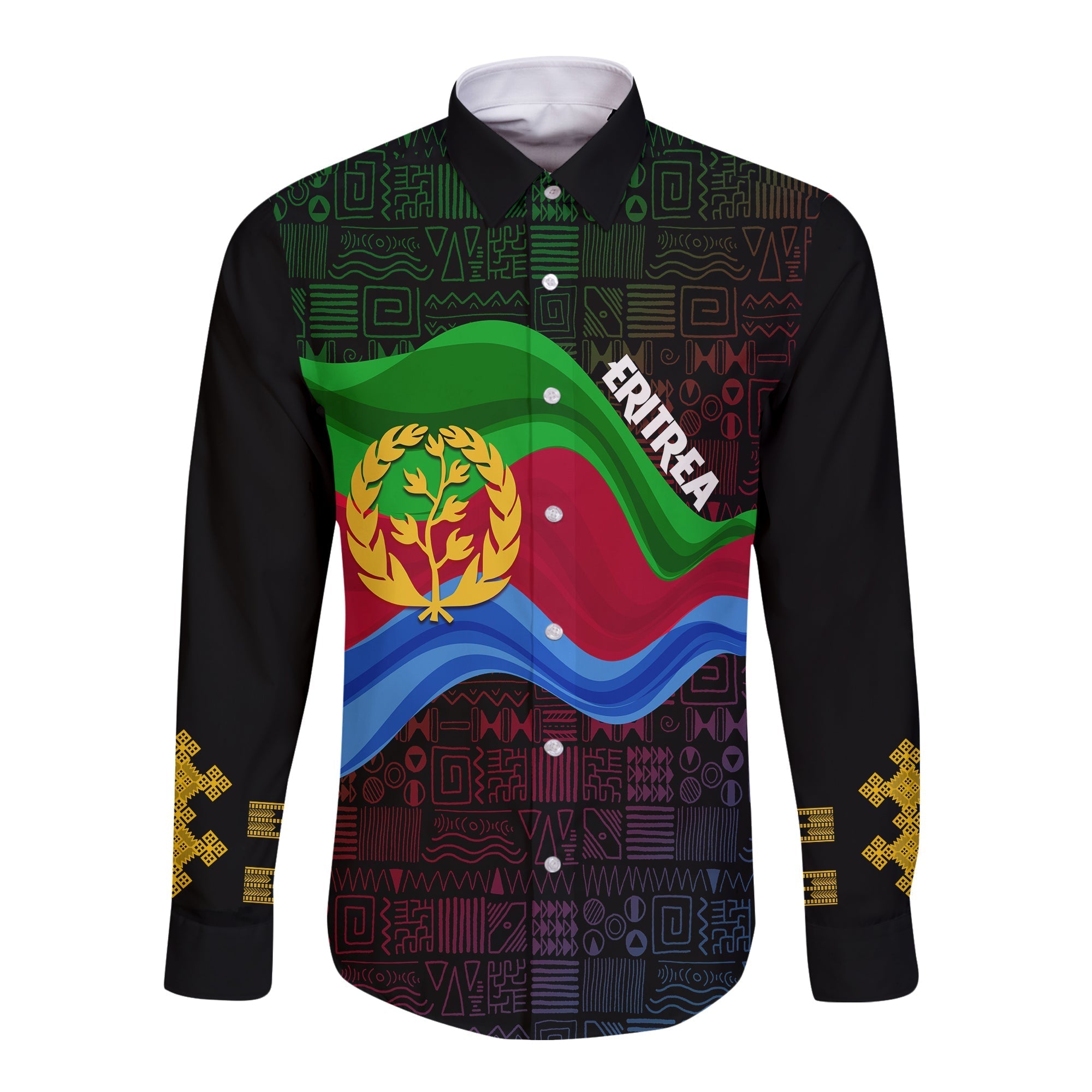 Eritrea Independence Day Long Sleeves Button Shirt Ethnic African Pattern - Black - Wonder Print Shop