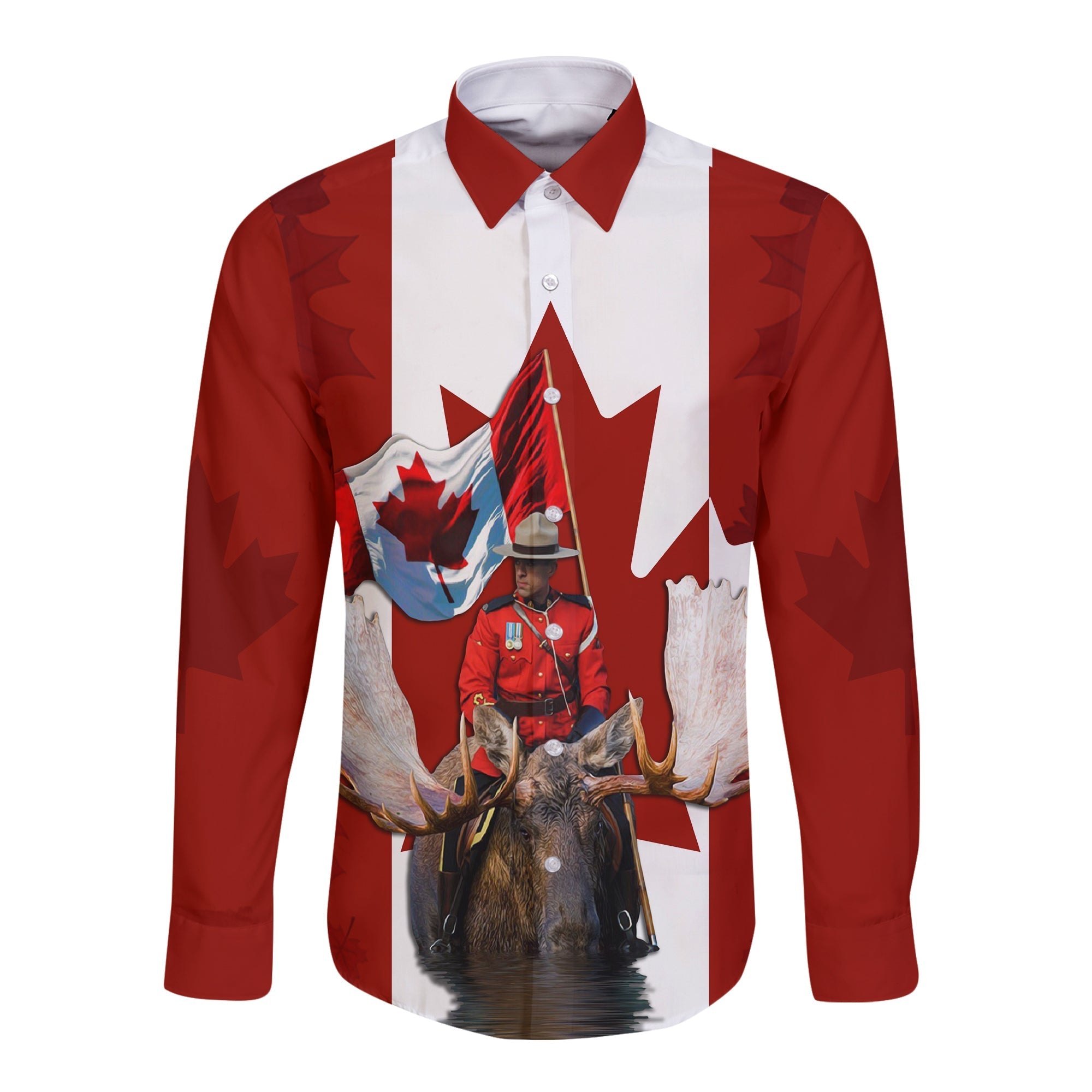 Canada Day Long Sleeves Button Shirt Mountie on Moose - Wonder Print Shop