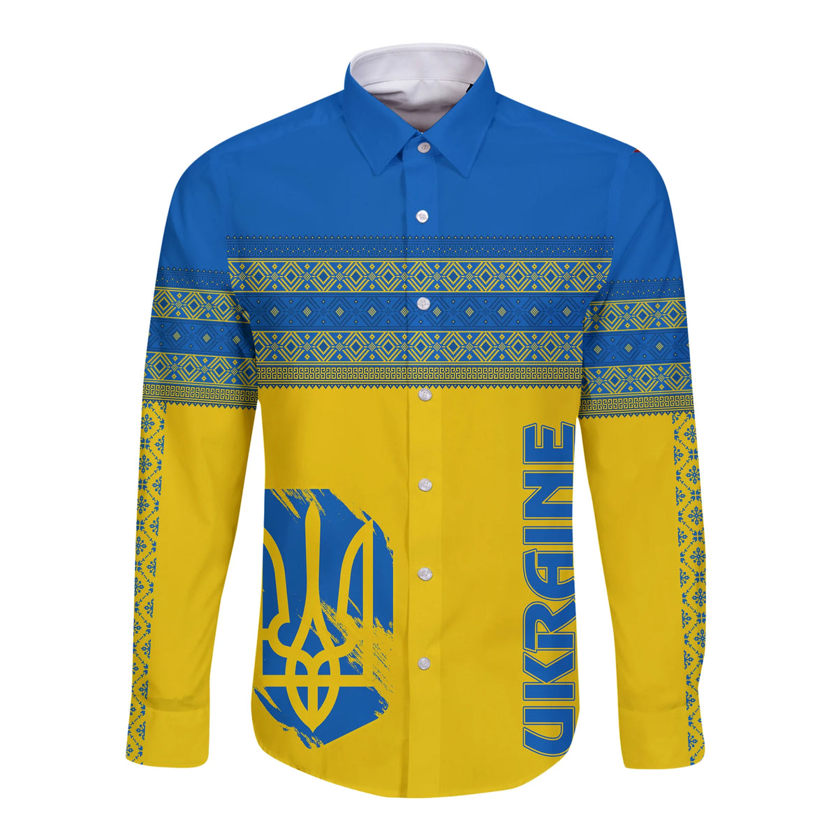 Long-sleeve button shirt, blue-and-yellow folk stripe design, front graphic panels