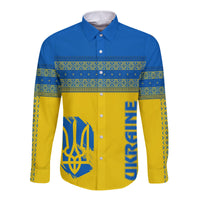 Long-sleeve button shirt, blue-and-yellow folk stripe design, front graphic panels