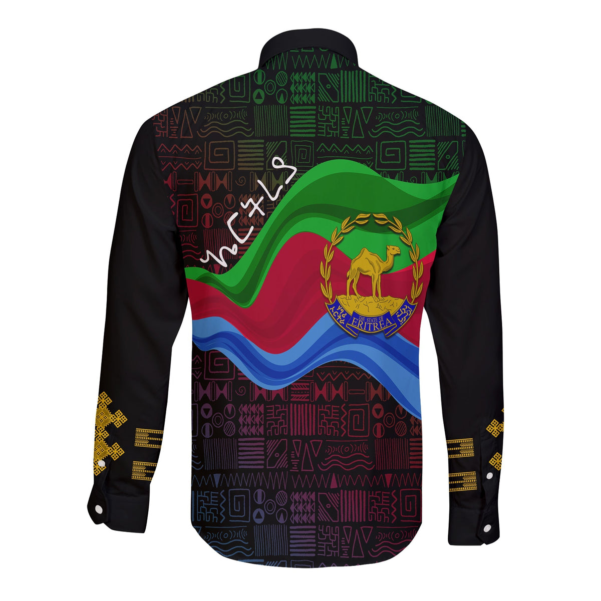 Black long-sleeve button shirt with Eritrea flag wave, crest, and geometric pattern, back