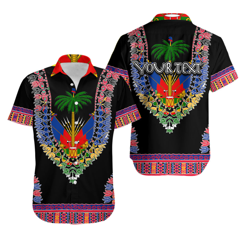 Black short-sleeve button-up with Haiti coat of arms, palm tree, dashiki trim.