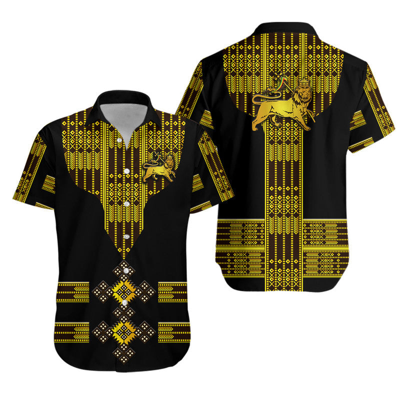 Black unisex Hawaiian shirt with gold geometric trim and Lion of Judah graphic