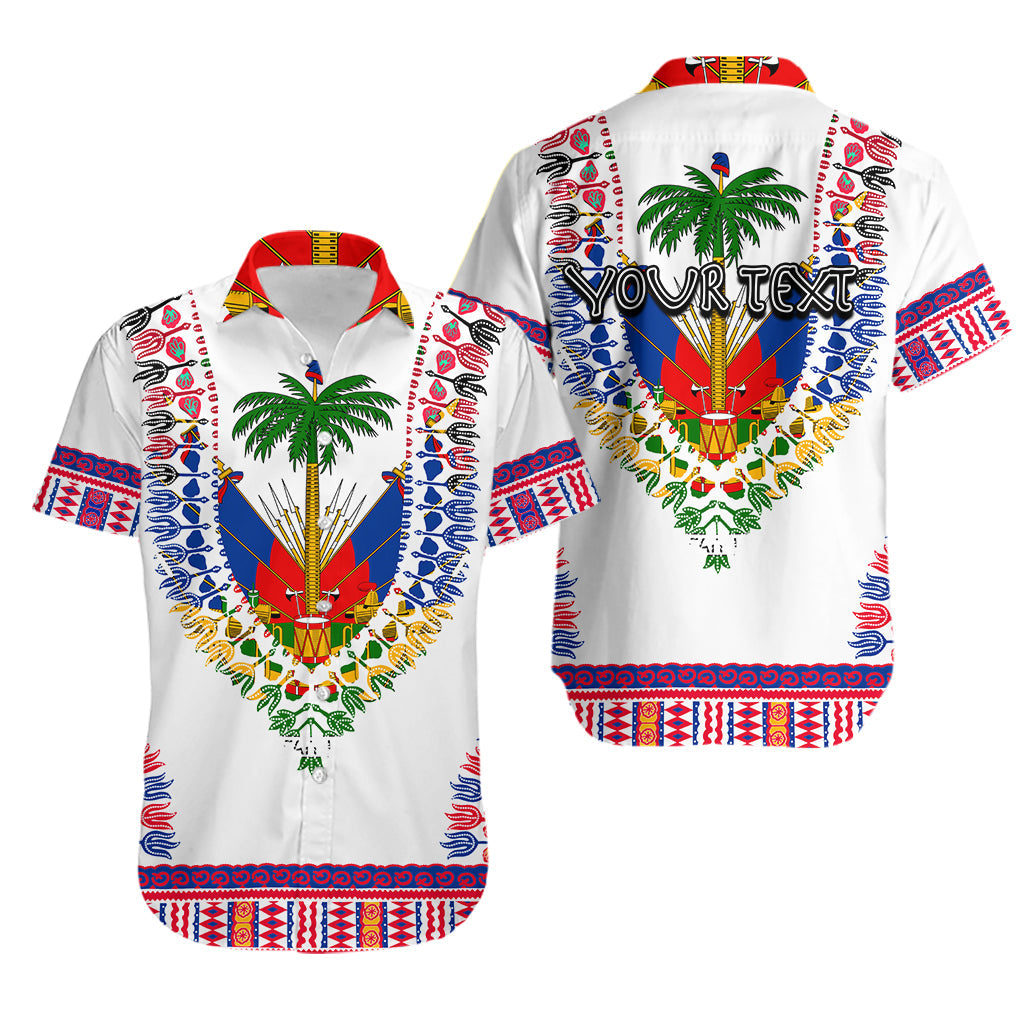 White Hawaiian shirt with Haiti crest, palm tree, and dashiki-style trim, unisex