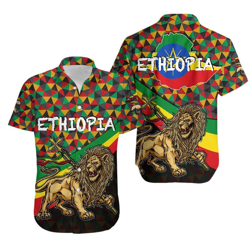 Multicolor Hawaiian shirt with lion graphic and Ethiopia word, short-sleeve button front
