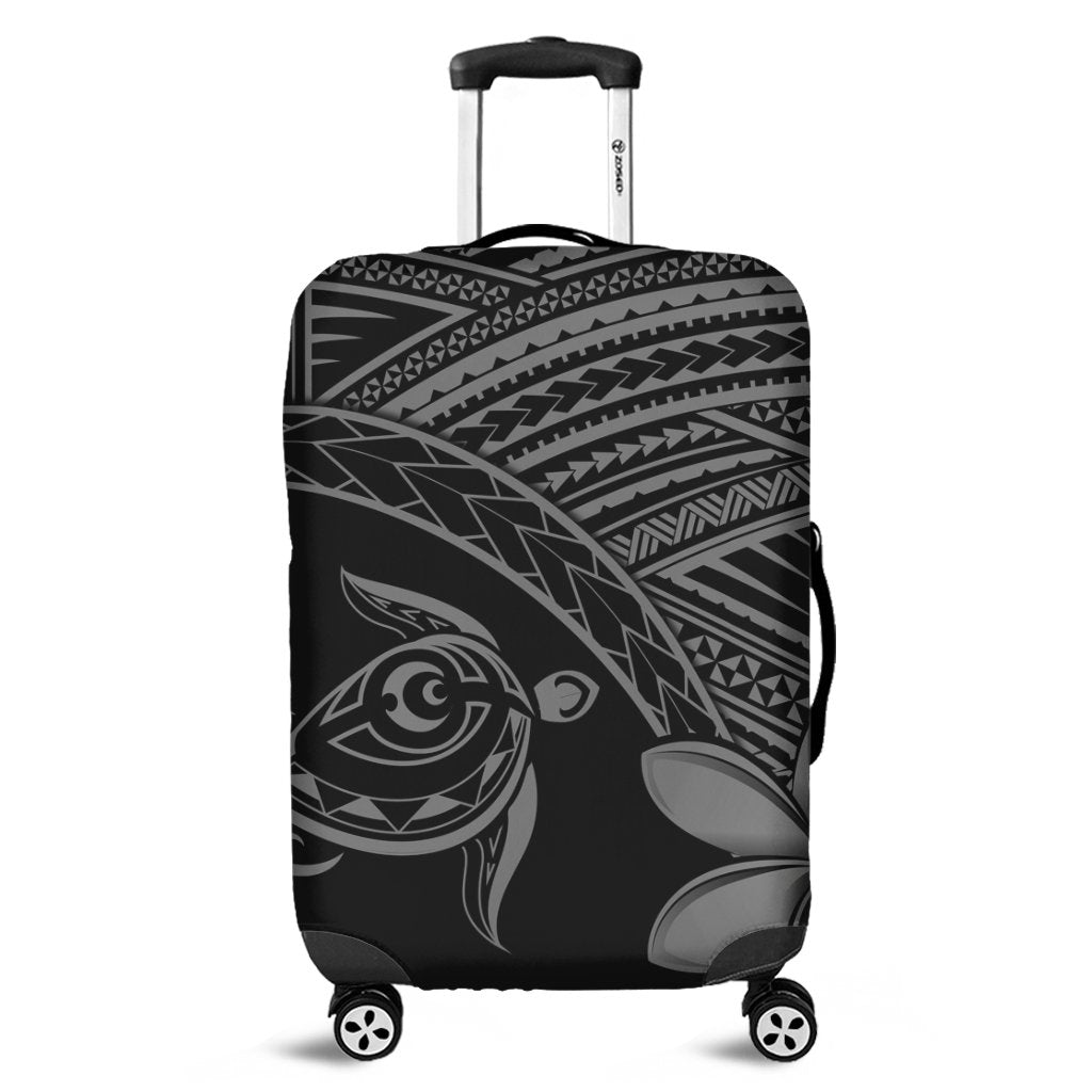 Neo Gray luggage cover with tribal tiki pattern and turtle motif, elastic fit for suitcase