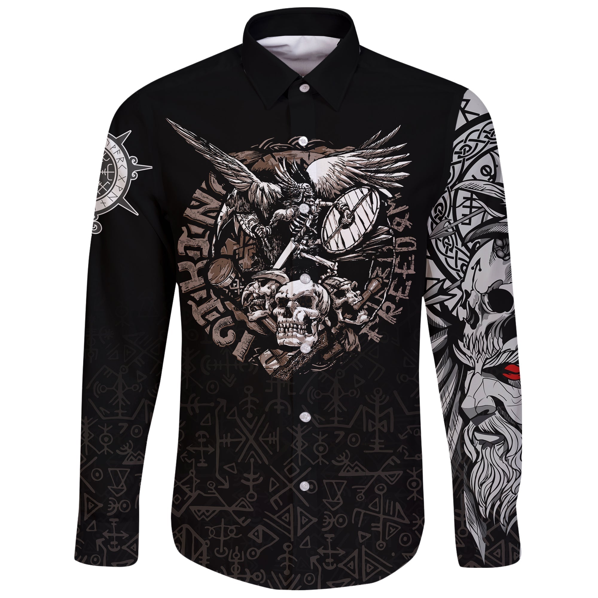 Viking Warrior Long Sleeve Button Shirt Odin Tattoo RLT12 - Wonder Print Shop