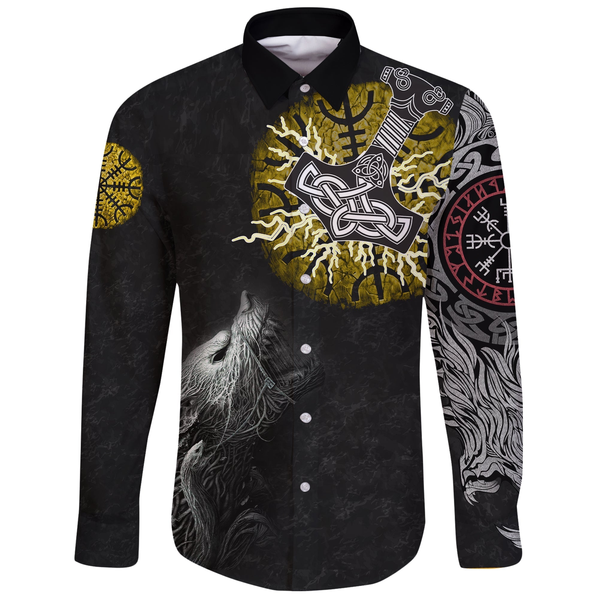 Viking Long Sleeve Button Shirt Fenrir Fight Mjolnir Of Thor On Helm Of Awe RLT12 - Wonder Print Shop