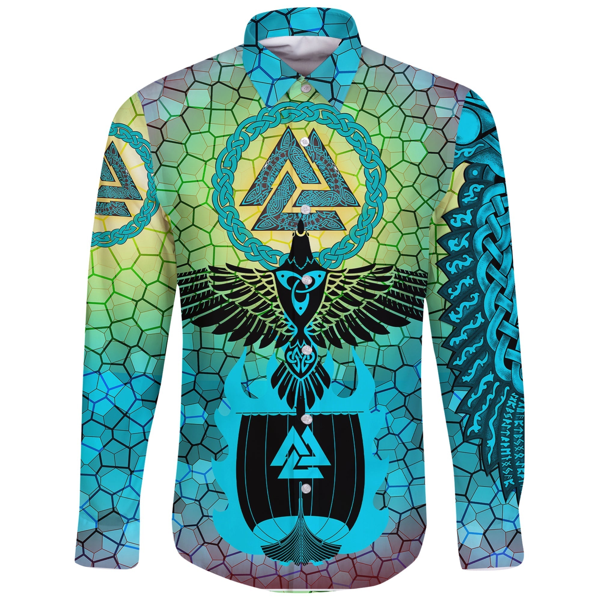 Viking Long Sleeve Button Shirt Raven Of Odin and Drakkar On Fire On Vignette Cyan Valknut RLT12 - Wonder Print Shop