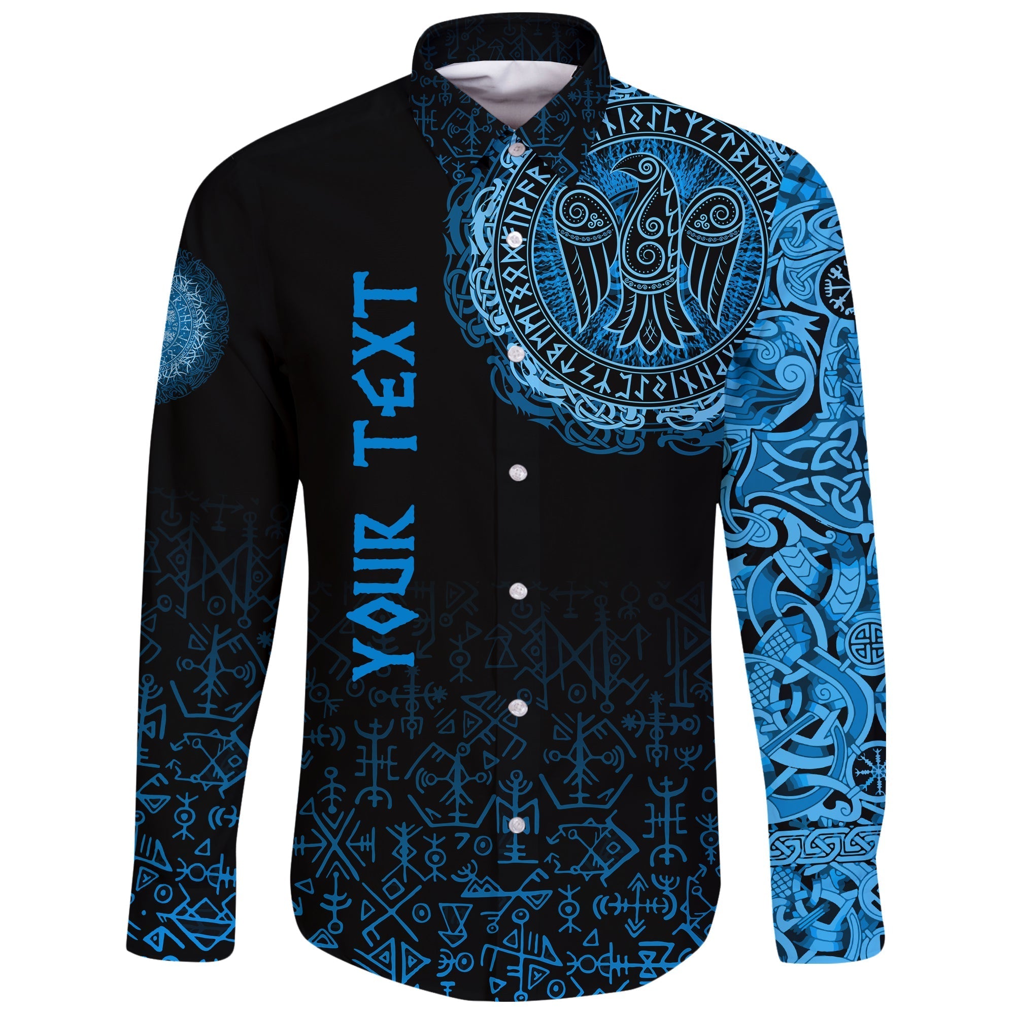 Custom Viking Long Sleeve Button Shirt Raven Celtic Cyan RLT12 - Wonder Print Shop