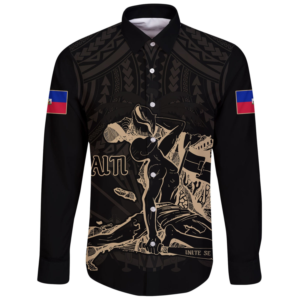 Black long-sleeve button shirt with multicolor front Polynesian-style graphic