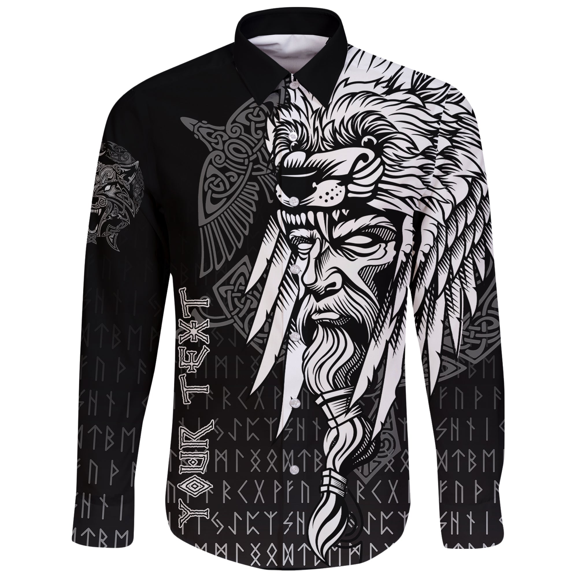 (Custom) Viking Long Sleeve Button Shirt Odin Raven And Fenrir On Hand RLT12 - Wonder Print Shop