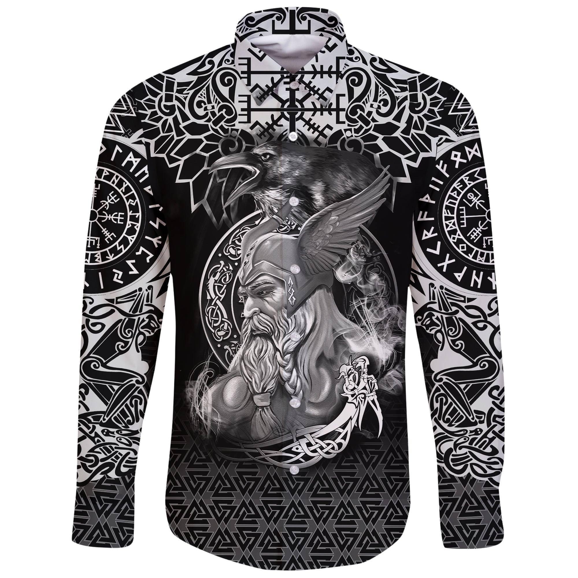 (Custom) Viking Long Sleeve Button Shirt - Odin And Raven Tattoo RLT12 - Wonder Print Shop