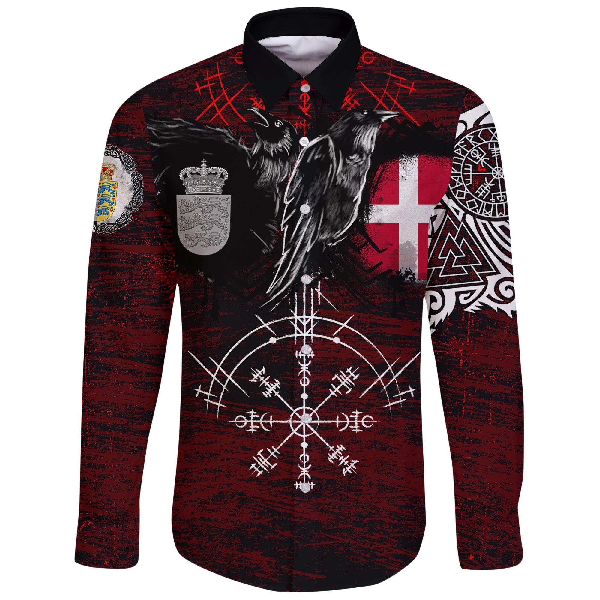 Viking Long Sleeve Button Shirt Denmark Raven Of Odin and Symbol Viking On Blood Background RLT12 - Wonder Print Shop