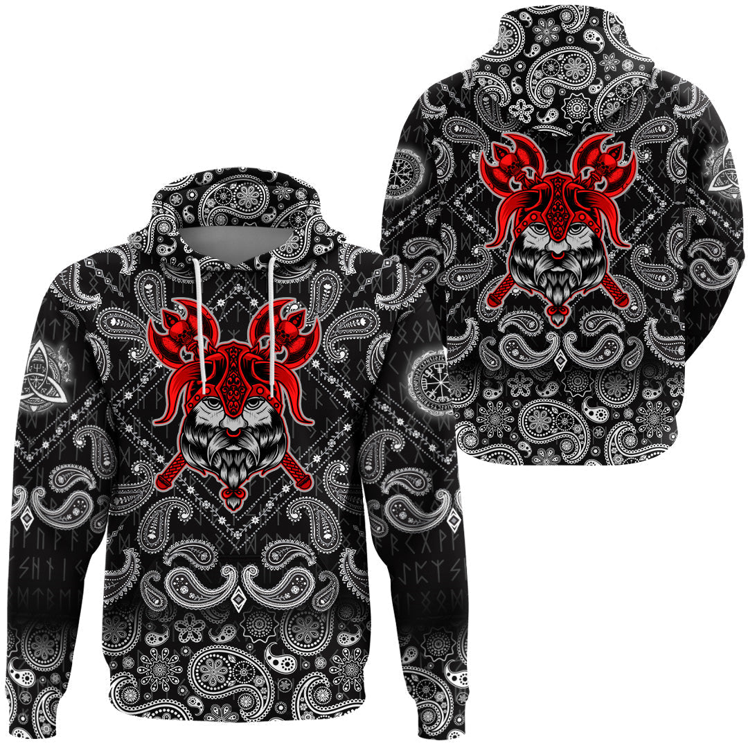 Viking Hoodie Head On Black with Bandana Paisley Style RLT12 - Wonder Print Shop