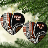 Heart-shaped ceramic Christmas ornament, black “BULA FIJI” with orange and white tribal print
