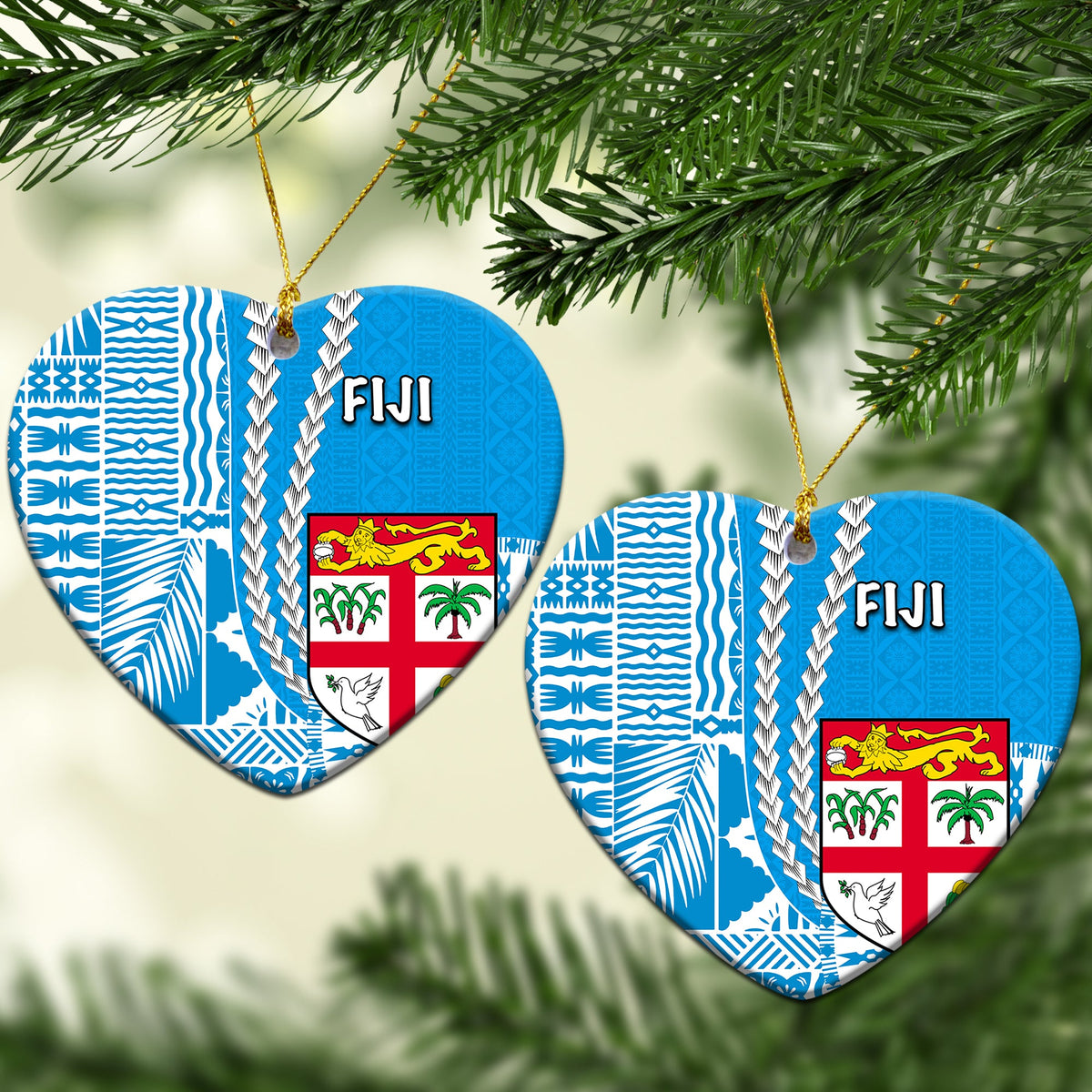 Fiji heart ceramic Christmas ornament with blue patterned design, crest and “FIJI”, hanging