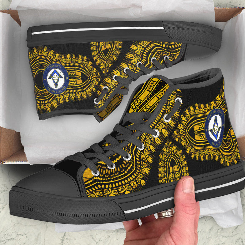 Freemasonry high-top shoes, black upper with yellow ornate print and black sole