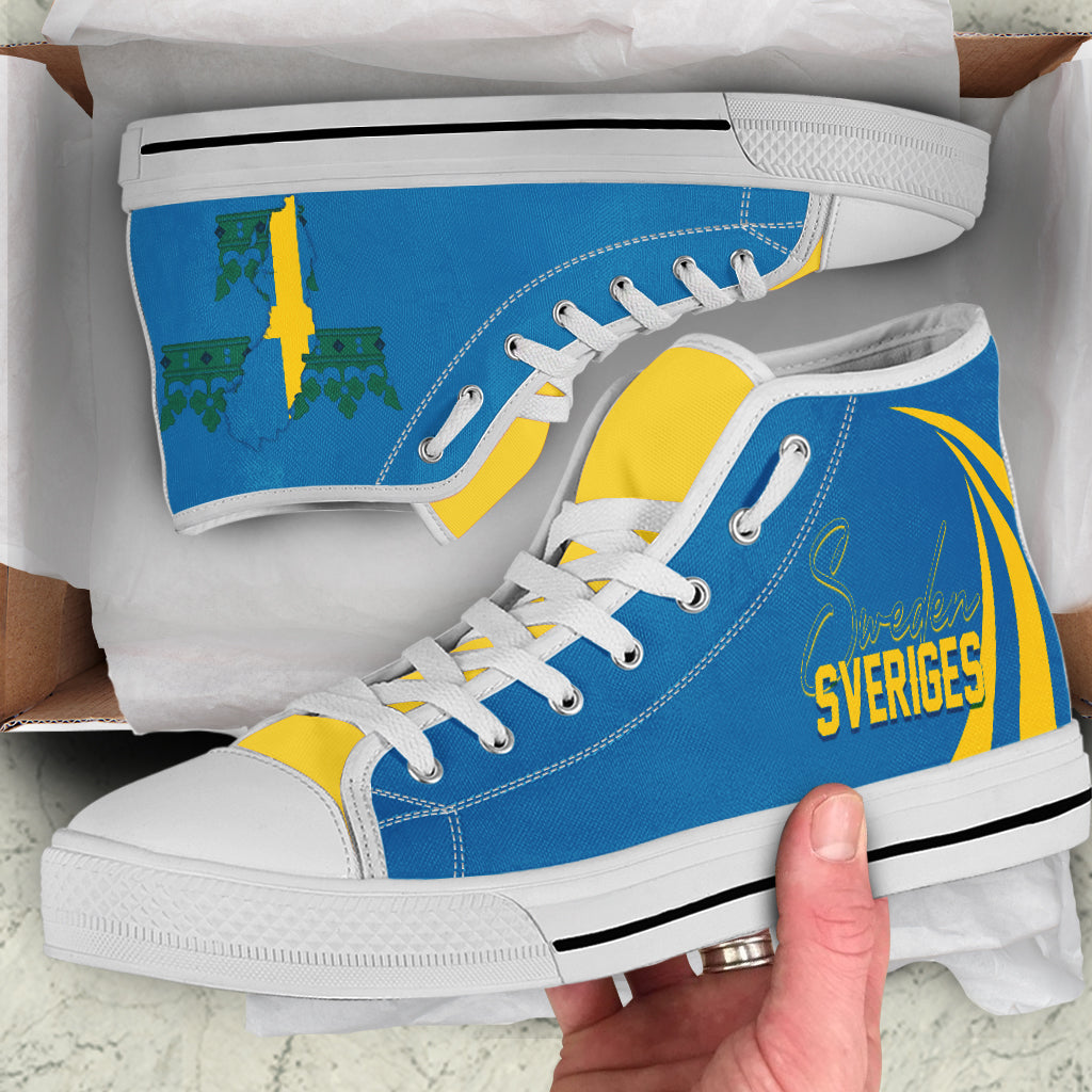 Blue high-top sneakers with white sole, white laces, yellow Sweden graphic on side