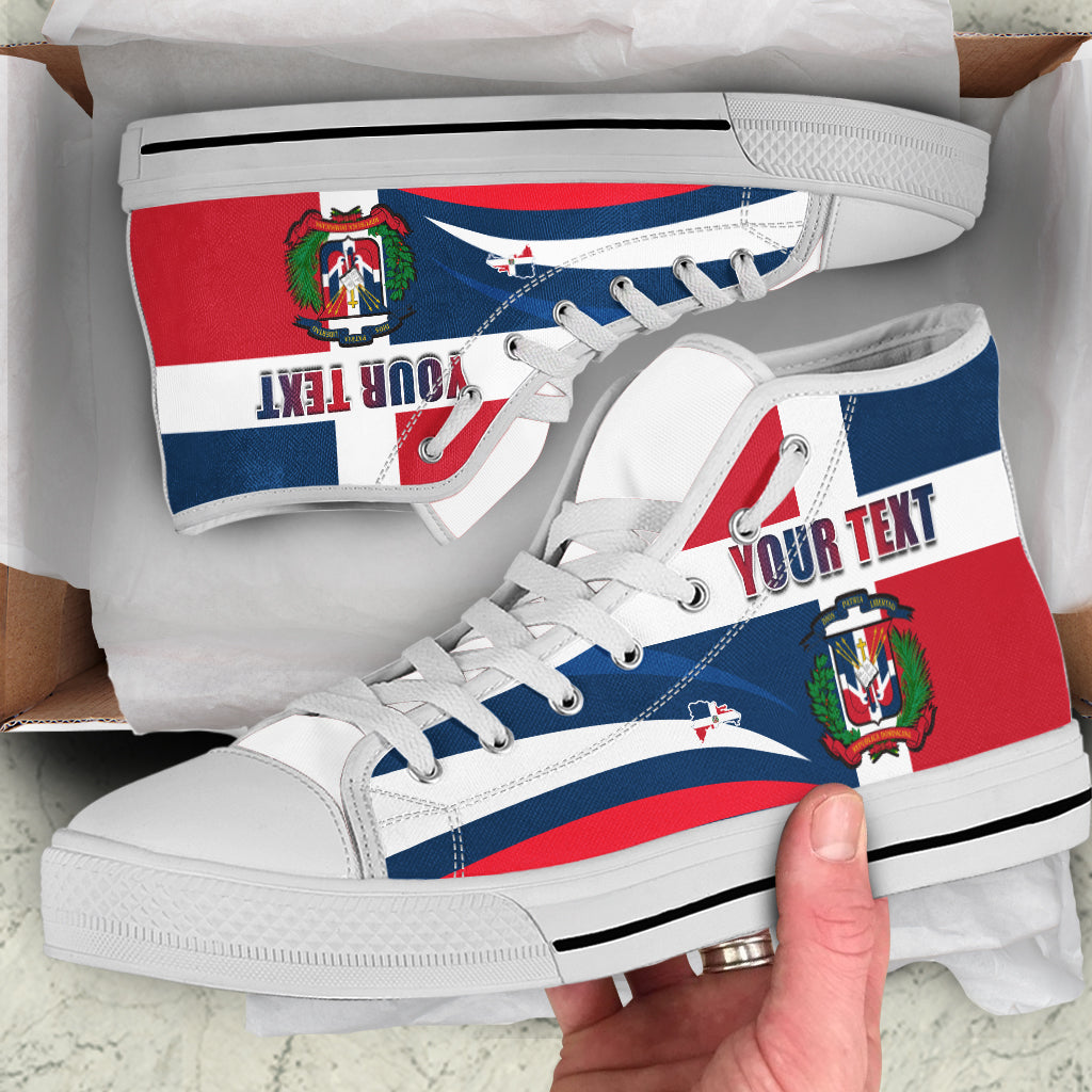 White high-top sneakers, Dominican flag print, 'YOUR TEXT' side