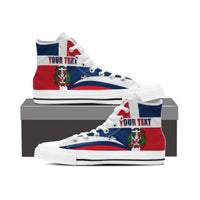 Pair of white high-top sneakers with Dominican flag print and 'YOUR TEXT' on uppers