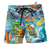Hawaiian swim shorts with blue surf-and-skeleton print, elastic waist and black drawstring