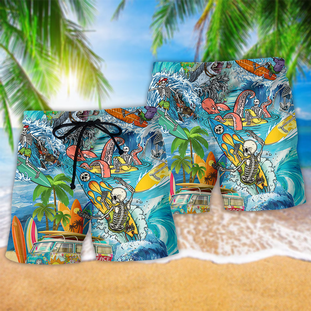 Hawaiian swim shorts, colorful wave and palm print with elastic waist and black drawstring