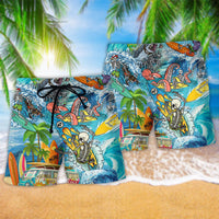 Hawaiian swim shorts, colorful wave and palm print with elastic waist and black drawstring