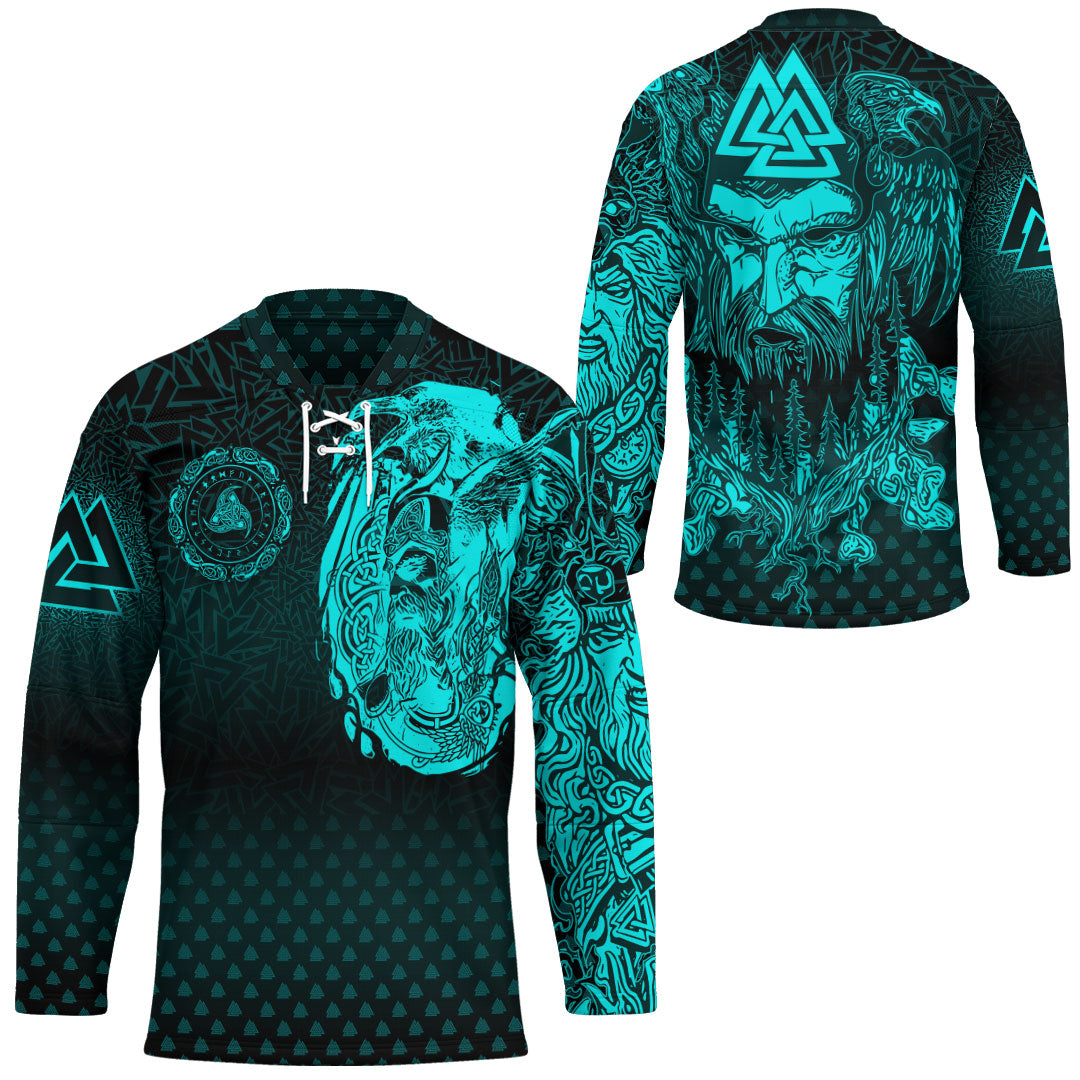 viking-clothing-viking-odin-raven-tattoo-style-cyan-version-hockey-jersey