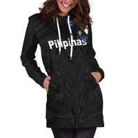 Black hoodie dress with hood, white drawstring, front kangaroo pocket, long sleeves, patterned print