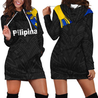 Black hoodie dress with hood, white drawcord, long sleeves, front graphic panel, short hem