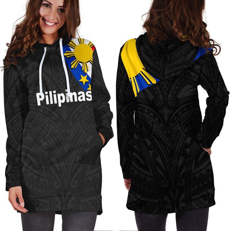 Black hoodie dress with hood and drawstring, yellow and blue star sun accents, long sleeves