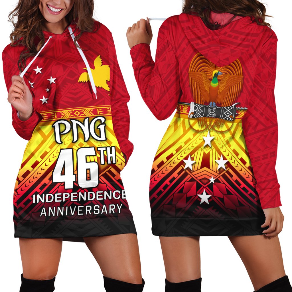 Red PNG 46th Independence Anniversary hoodie dress, front graphic with stars and eagle