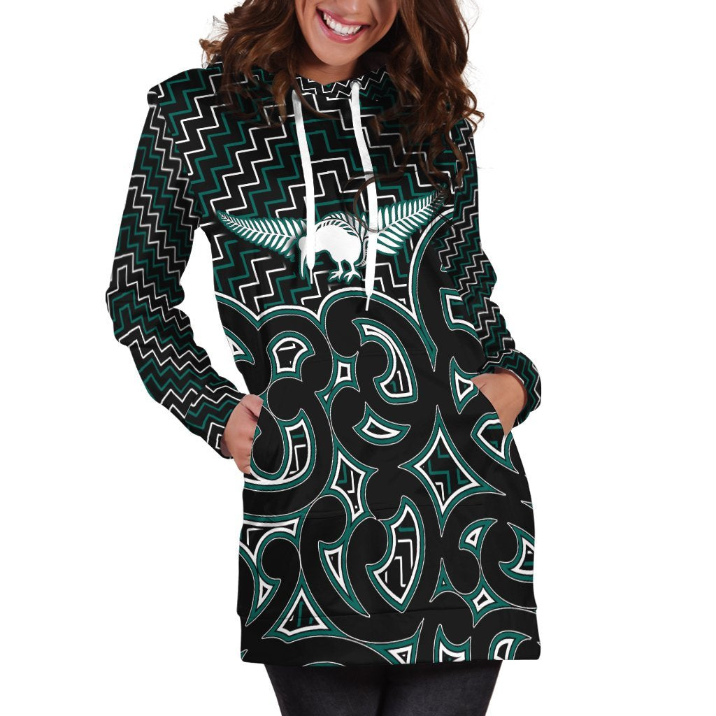 Green hoodie dress with Maori-style graphic print, front kangaroo pocket, pullover hood
