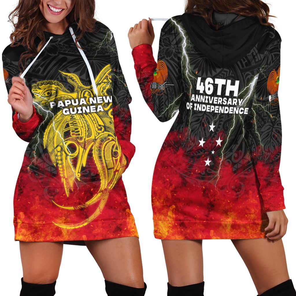 Women’s hoodie dress, black with gold Papua New Guinea mask graphic and red sunset print