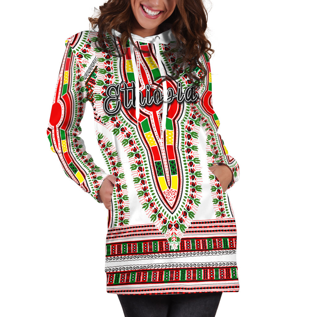 Ethiopia hoodie dress, white with dashiki pattern, hood and kangaroo pocket